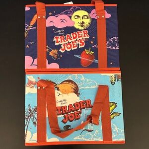 2 Trader Joe's Reusable Market Tote Bags - Colorful Night & Day Prints